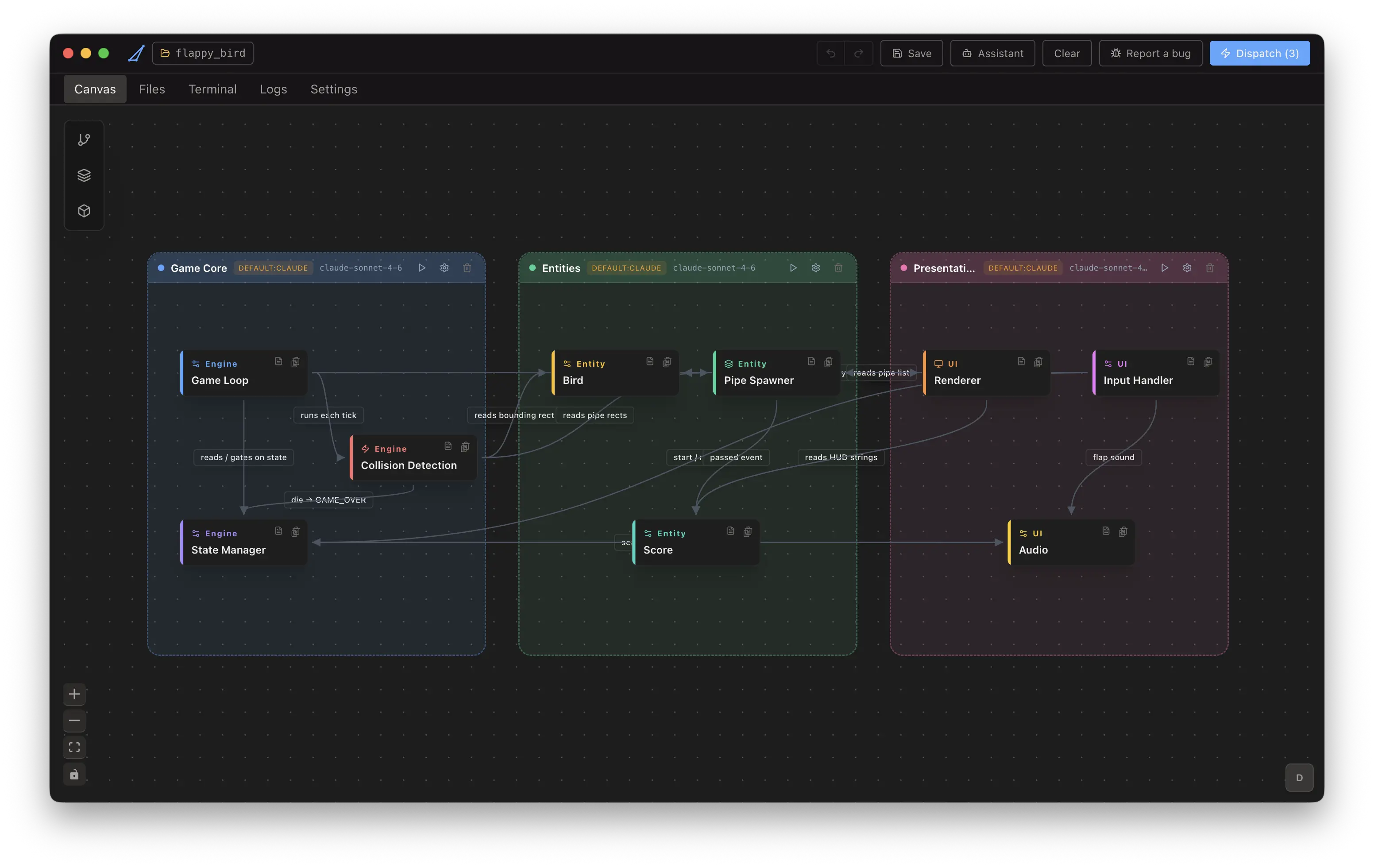 Architect canvas showing Game Core, Entities, and Presentation zones for a Flappy Bird project